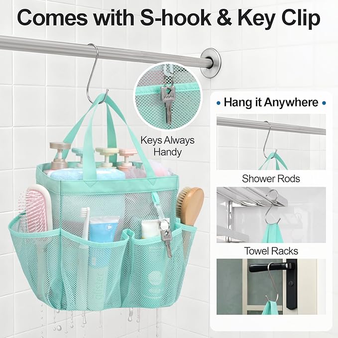 F-color Mesh Shower Caddy Portable, Upgraded Deeper 7-Pocket Shower Bag Basket Tote for College Dorm Room, Toiletry, Bathroom Essentials, Gym, Camp, Quick Dry, 2 Handles with S Hook, Sage Green