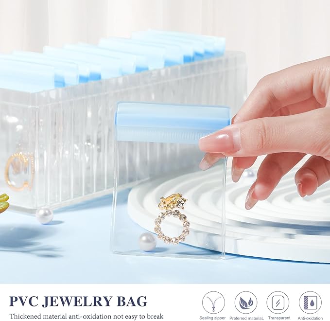 Acrylic Jewelry Box Organizer, Clear Jewelry Organizer Holder with 20 Portable Anti Tarnish Jewelry bags, Travel Jewelry Case for Earrings/Rings/Necklaces for Women Girls, Blue