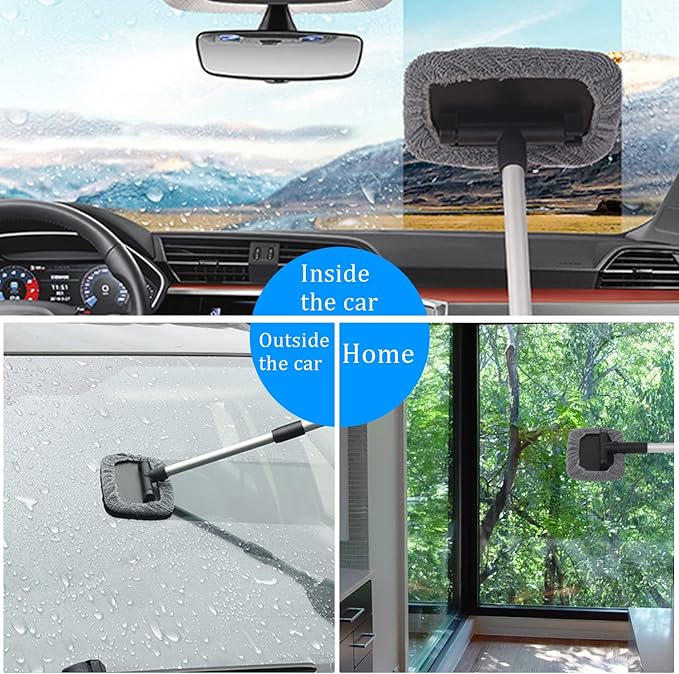 Car Glass Cleaner Wiper,Windshield Cleaning Tool, Microfiber Window Cleaner with Extendable Handle,Auto Glass Wiper Kit(Red Square)
