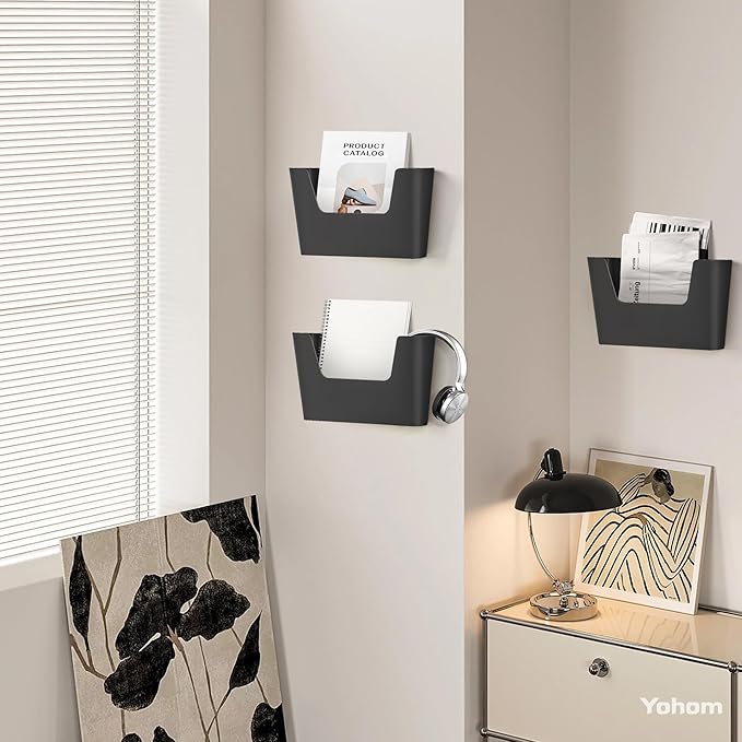 YOHOM Adhesive File Holder Plastic Document Folder Door No Drilling Mount Mail Magazine Organizer A4 Filing Envelopes Folder, Office Wall Mount Single Pocket (BLACK, 3 PCS)