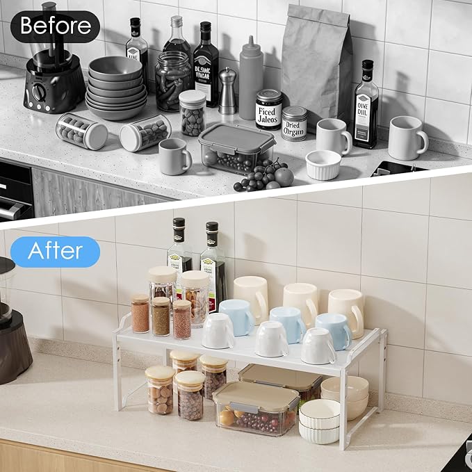 2 Pack 11โ Width Expandable Kitchen Cabinet Organizer Shelves, Heavy Duty Kitchen Countertop Organizers and Storage Rack, Stackable Metal Small Storage Shelf For Pantry Counter Cupboard Organization