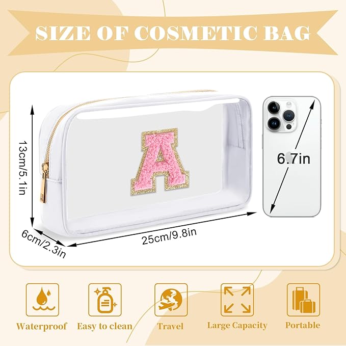 Personalized Initial Letter Clear Makeup Bag, Preppy Small Nylon & PVC Cosmetic Zipper Bag with Chenille Letter, Travel Skincare Toiletry Bag, Monogram Christmas Gift for Teen Girls Women, A