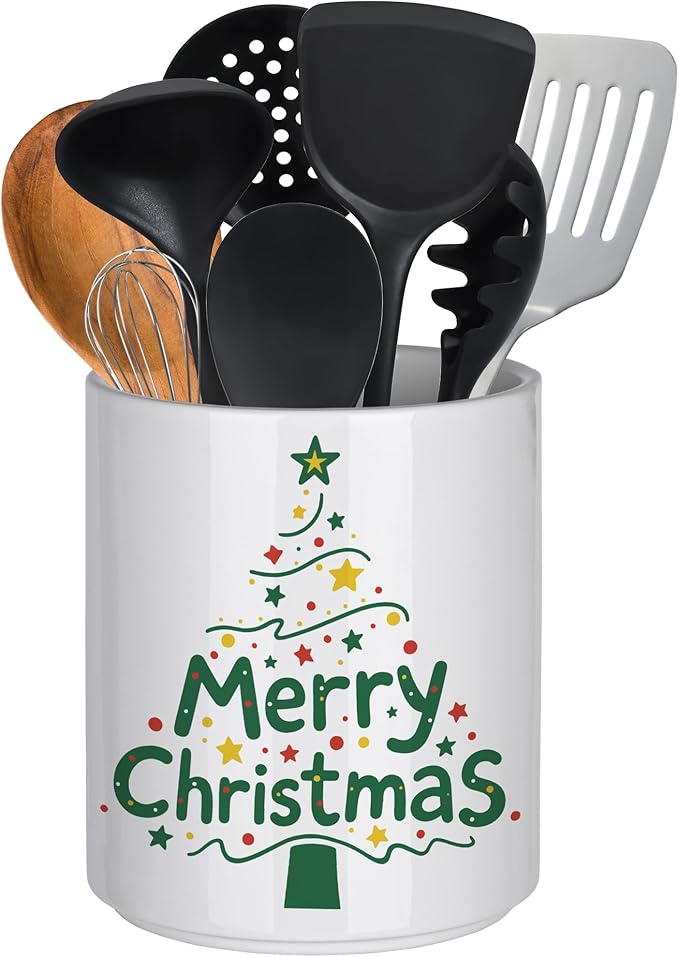 Christmas Utensil Holder Ceramic Cooking Utensil Holder for Kitchen Counter Green Xmas Tree Utensils Holder, Large Spatula Holder Glossy White Christmas Gift Kitchen Decor (6.5”H x 5.5”D)
