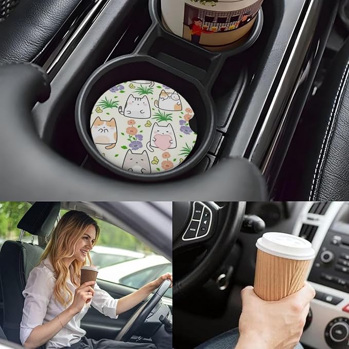 Car Cup Holder Coasters, 2 Pcs Ceramic Coasters with Cork Back and Finger Slot, Anti-Slip Shock Absorbing Women and Men Universal Car Accessories - Love Cat