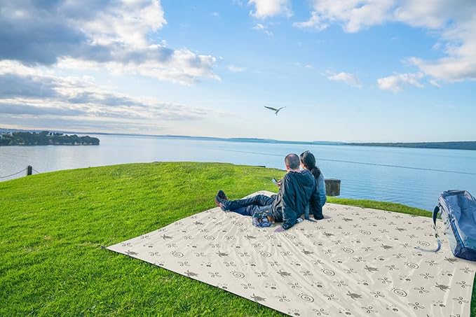 WEKAPO Beach Blanket Waterproof Sandproof Oversized Extra Large Sand Free Beach Mat with Stakes, Storage Bag - Essentials for Outdoor Beach, Picnic (Light Small Sea Turtle, 8 X 7 FT (1~4 Person))