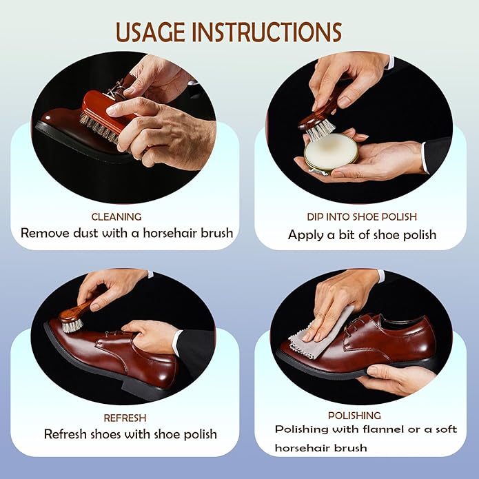 Shoe Shine Kit for both home and outdoor use ,10Pcs shoe polish kit ,4 Horsehair Shoe Brush, Black Shoe Polish and White Shoes Polish,ShoeHorn,2Polishing Cloth,Shoe Care Kit for Men and women.