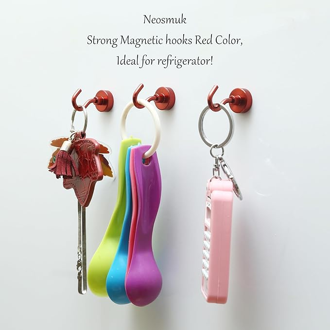 Neosmuk Magnetic Hooks, Heavy Duty 30lb+ Strong Magnet Hook for Cruise Cabins, Cruise Ship Essentials for Hanging, Metal Wall Refrigerator Hangers (Red, 12 Pack)