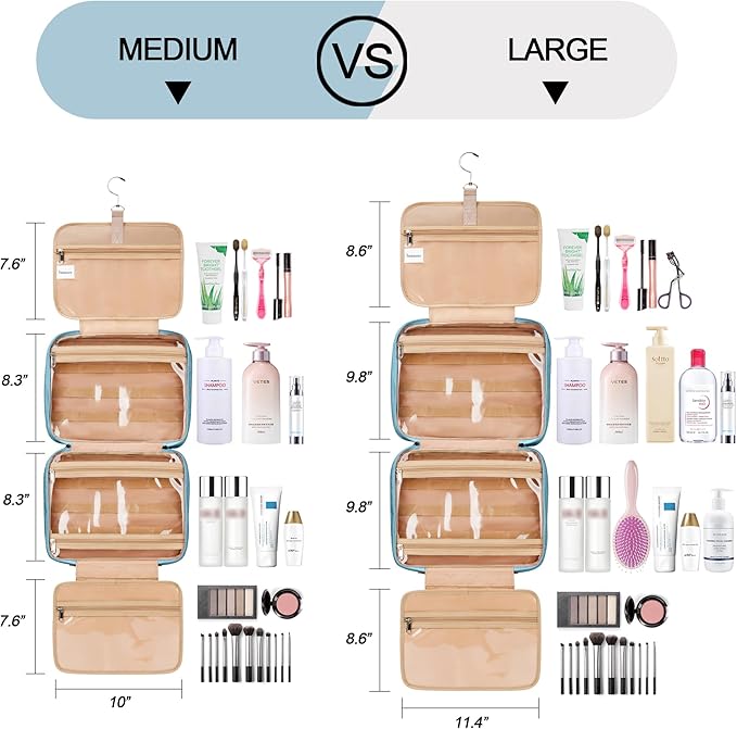 Travel Hanging Toiletry Bag for Women, Cruise Ship Essentials, with Jewelry Organizer, Extra Large Makeup Dopp Kit, Waterproof Cosmetic Bags, Toiletries Kit Set with Trolley Belt, Sky Blue