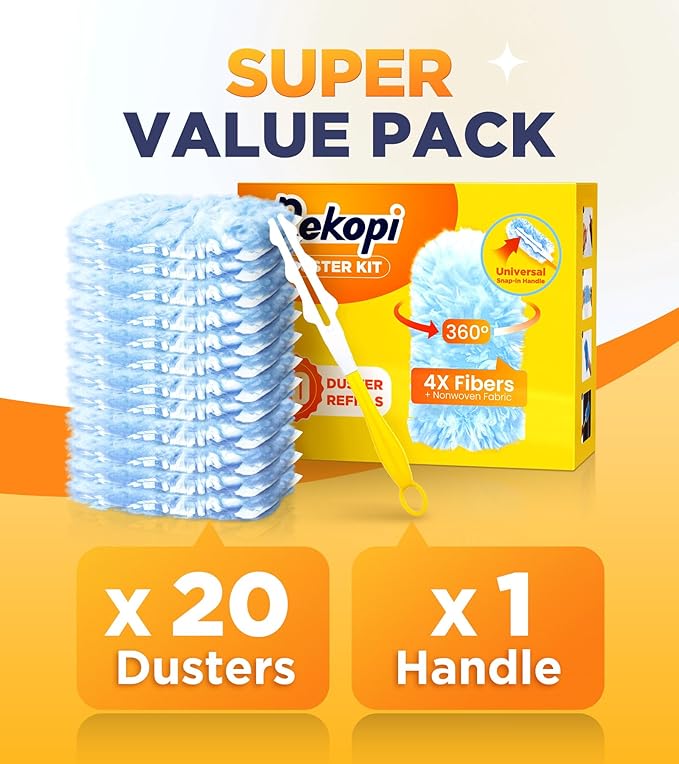 Heavy Duty Duster Refills for Swiffer Duster, 20 Count Duster Refills with 1 Handle, Multisurface 360Β° Dusters with 4X Microfibers, Unscented Disposable Dusters for Cleaning