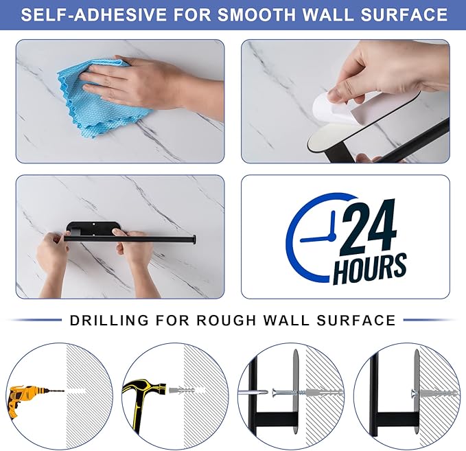 Honmein Paper Towel Holder, Upgrade SUS304 Stainless Steel Paper Towel Holder Under Cabinet, Bend-Resistant, Self-Adhesive or Drill mounting (Black)