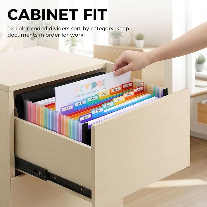SKYDUE Accordion File Organizer, 12 Pockets File Folders, Letter Size Expanding File Folder with Colored Tabs and Expandable Cover, Portable Bill Receipt Organizer Black