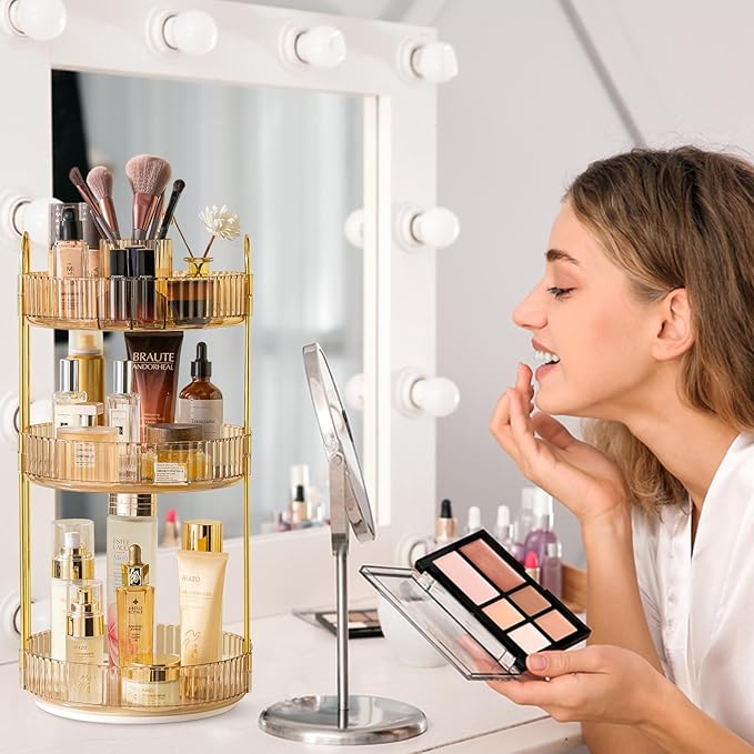 Rotating Makeup Organizer for Vanity, High-Capacity Skincare Clear Make Up Storage Perfume Organizers Cosmetic Dresser Organizer Countertop 360 Spinning (Gold, New-3 Tier)