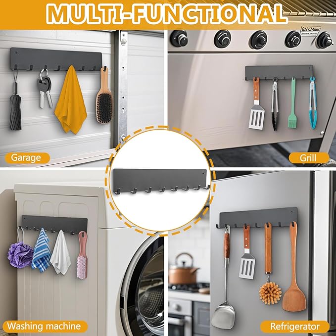 Magnetic Key Holder for Frideg,Heavy Duty Strong Magnetic Key Hanger with 8 Hooks for Refrigerator,Magnetic Kitchen Utensil Holder for Metal Surface in Entryway,Garage,Pantry (Gray)