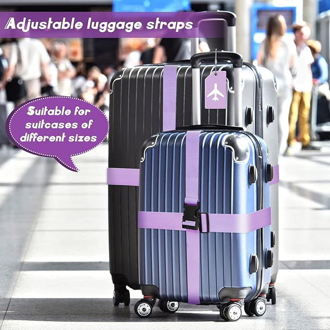 Weewooday 8 Pcs Luggage Straps Suitcase Tags Set for TSA Approved, 4 Travel Adjustable Suitcase Belt, 4 Silicone Luggage Tags with Name ID Card Travel Accessories(Light Purple,Airplane)