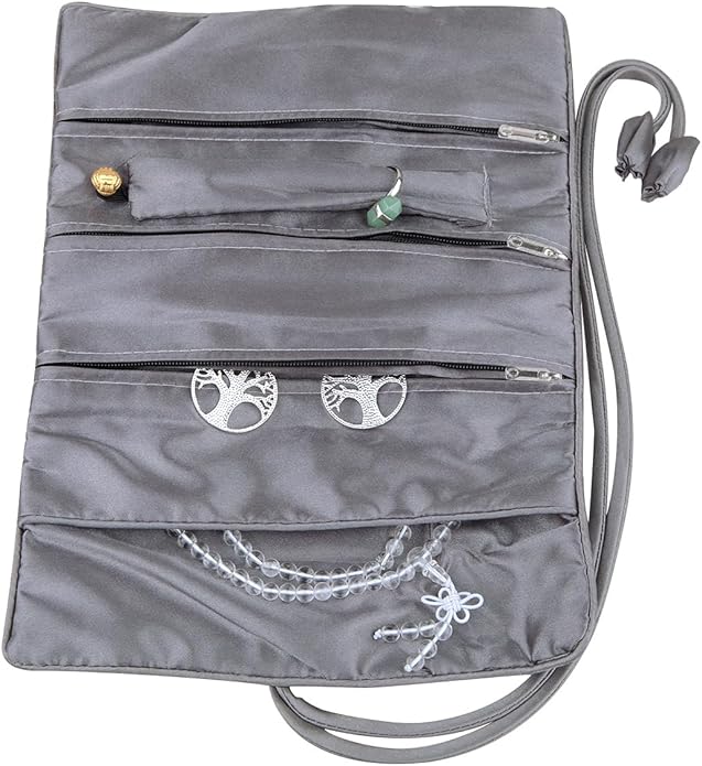 TUMBEELLUWA Embroidery Travel Jewelry Bag Roll Embroidered Flower and Bird Brocade Organizer with Tie Close