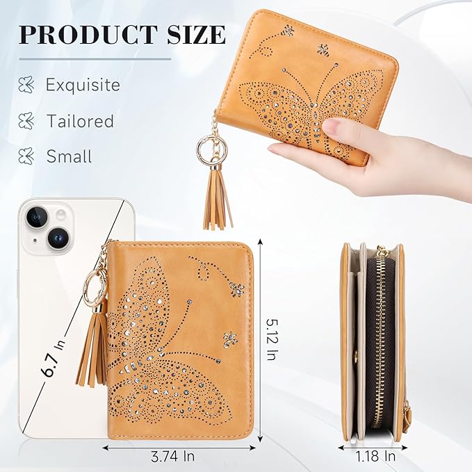 Women RFID Blocking Small Bifold Wallet, Compact Cash Clutch with Zipper Coin Pocket, Glittery Butterfly Design, Credit Card Holder, Travel Purse with Tassel YELLOW