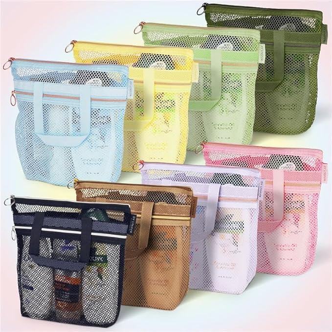 DV Lifestyle Mesh Shower Bag 10.2x9.9'' Quick-Dry Caddy with Zipper & 2 Pockets. Portable Toiletry Tote for Bathroom, Gym, Travel, Camp, Beach, for Sunscreen, Dorm & College Essentials (Pink)