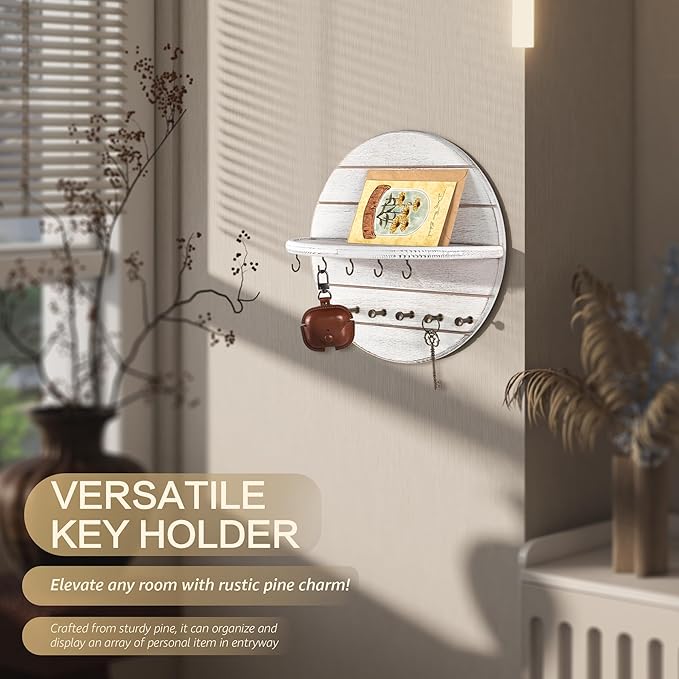 Rebee Vision Pine Wood Key Holder Wall Mount - 12 Inch Decorative Key Holder for Wall with Shelf and 11 Hooks - Farmhouse Mail Organizer for Apartment Essentials & Home Decor (Old White)