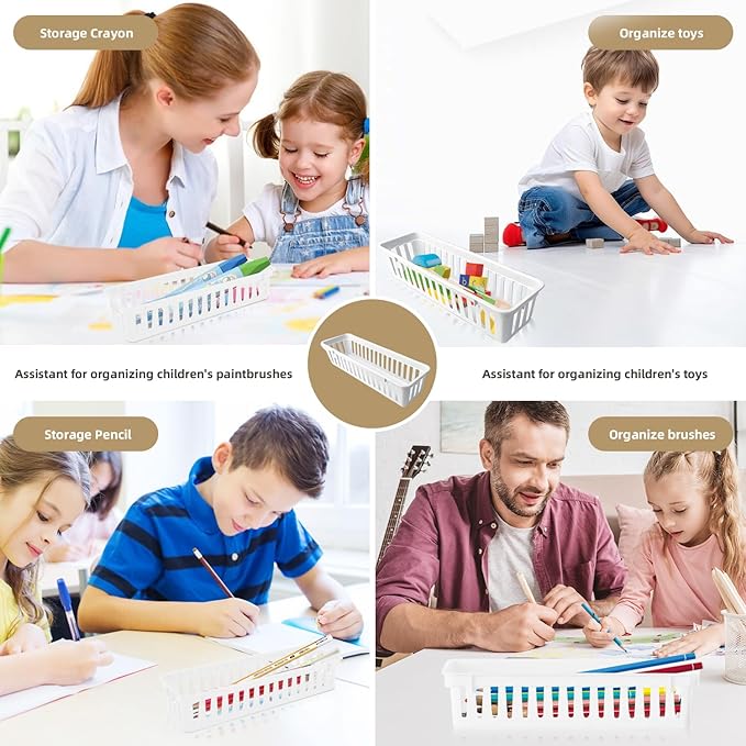 12 Pack White Slim Plastic Storage Baskets, Small Stackable Drawer Organizer Trays for Classroom, Desk, Vanity, Bedroom, Bathroom, Kitchen and Garage