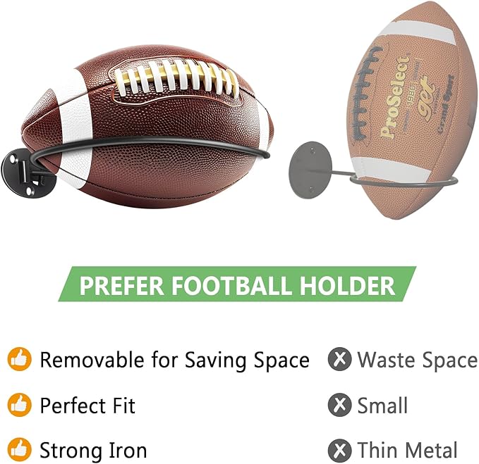Kevenal 4 Packs Football Wall Décor, Wall Mount Football Holder Football Display Stand, Football Room Decor for Boys Man Cave (Durable Black)