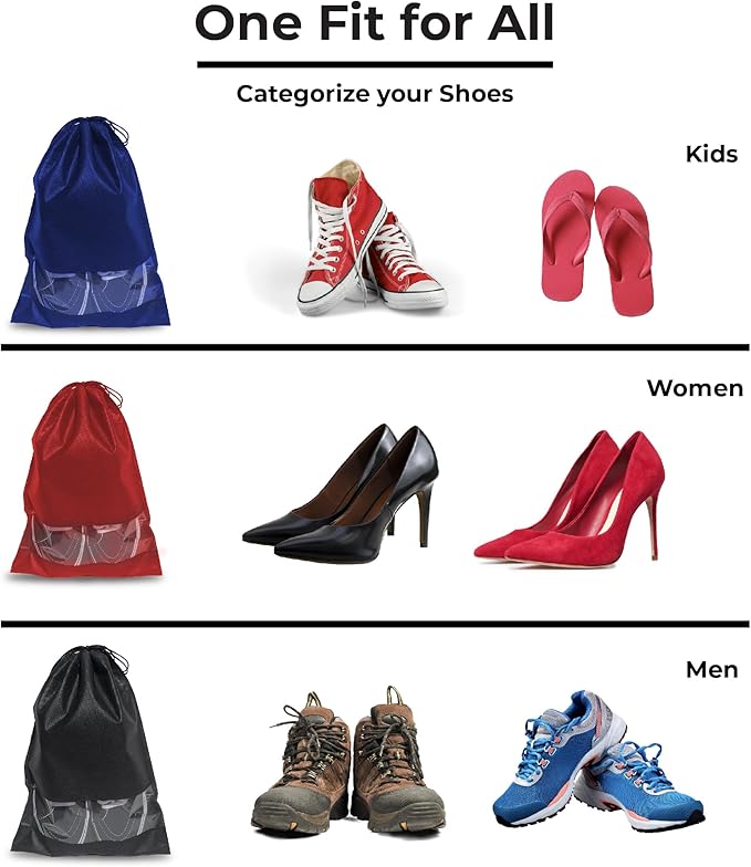 12 PC Shoe Bags for Travel, Packing, Storage, Organizing & Suitcase. Reusable Dustproof & Water Resistant Sneaker Pouch Protectors with Clear Window & Drawstring. Laundry & Toys (Red + Blue + Black)