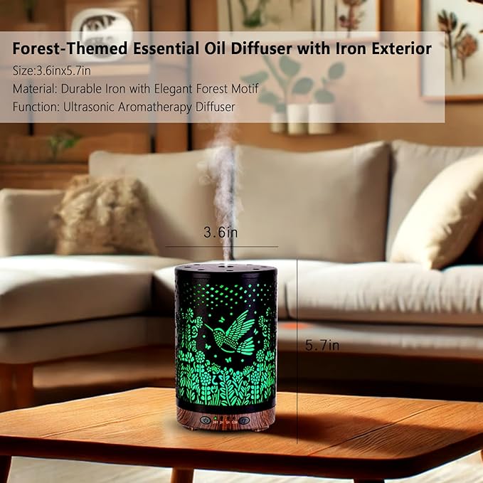 Essential Oil Diffuser 120ML Metal Aromatherapy Diffuser, Cool Mist Humidifier with Auto Shut-Off Protection 7 Color Lights for Home Office Spa (Bird)