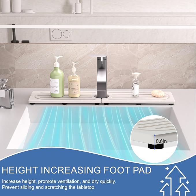 Faucet Mat for Kitchen Sink, Water Absorbent Kitchen Faucet Mat, Durable Sink Splash Guard with Raised Feet, Diatomite Fast Drying Kitchen Sink Faucet Mat, Bathroom Stone Drying Tray for Counter