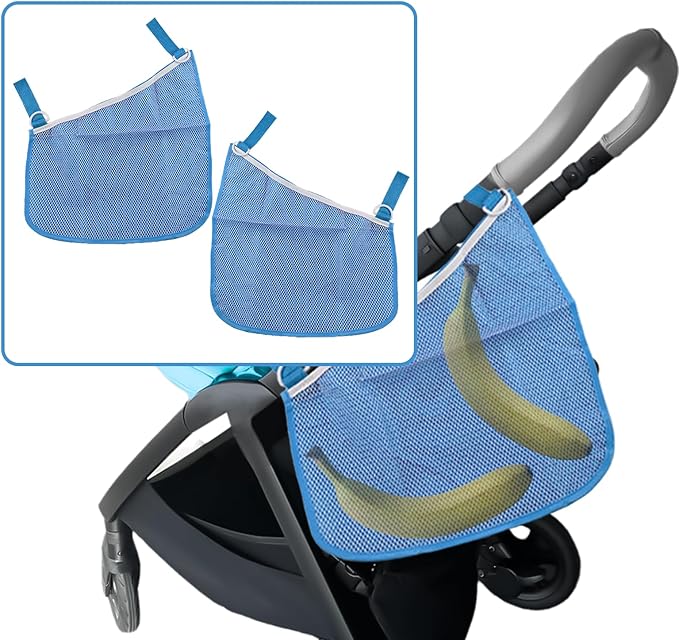 2 Pack Universal Side Sling Stroller Organizer with Mesh Cargo Net, Adjustable and Non-Slip Stroller Storage Bags, Portable Side Sling Stroller Cargo Net for Baby Accessories (Blue)