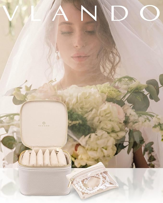 Vlando Travel Jewelry Case,Small Jewelry Box Organizer,Travel Jewelry Storage with 6 Velvet Jewelry Zipper Pockets, Birthday Gifts for Women Girls (White)