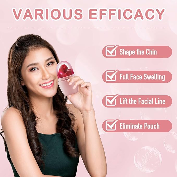 XHJRI Ice Face Roller Massager, Ice Cube Roller for Face, Eyes and Neck, Naturally Conditioning and Skin Care, De-Puff Eye Bags, Reduce Migraine Pain, Reusable Massage Silicone Ice Mold (New Pink White)