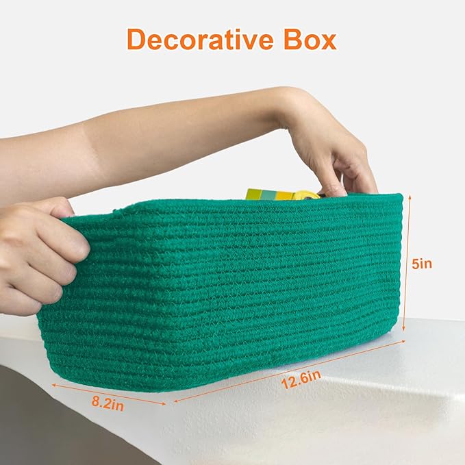 Ordn2Ordn Small Storage Baskets for Organizing, Woven Storage Bins for Shelves, Gift Basket Empty, Cute Decorative Closet Organizer, Baby Rope Basket, Dog Toy Storage, 12.6x8.2x5”, 3Packs Green