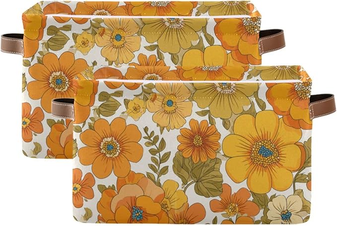 Aslsiy Storage Basket Vintage 70s Style Flowers Nursery Bins Baby Box Canvas Clothes Shelf Basket Laundry Hamper Gift Baskets for Home Closet 1 Pcs