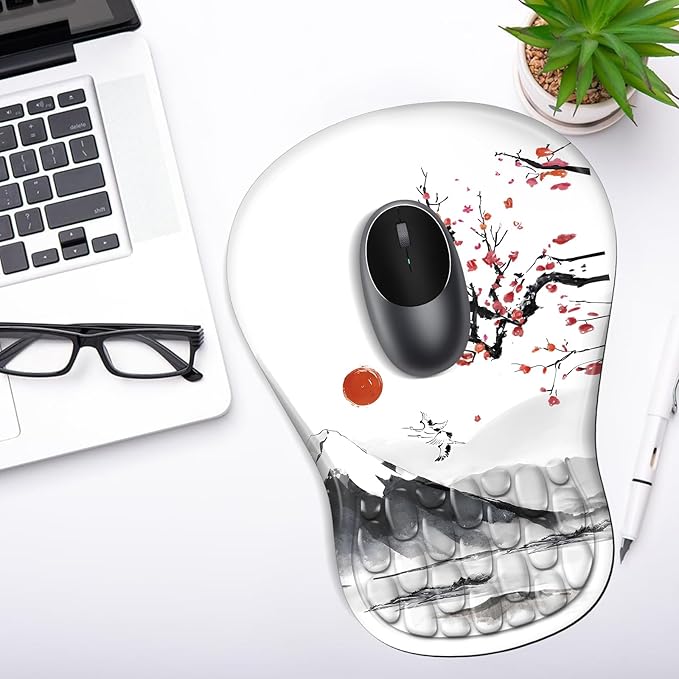 YIWEI Ergonomic Mouse Pad with Wrist Rest - Comfortable Office Mousepad with Memory Foam Wrist Support for Carpal Tunnel Relief, Mouse Pads with Non-Slip Base for Gaming and Home (Landscape Painting)