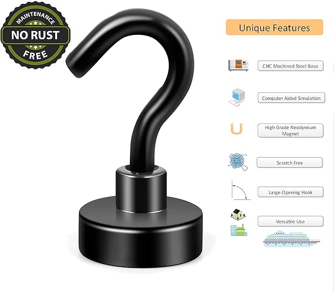 Neosmuk Magnetic Hooks, Cruise Ship Essentials, 32lb+ Heavy Duty Magnetic Hooks for Cruise Cabins, Refrigerator, Grill, Hanging, and Travel | Extra Strong Must-Haves Magnet Hook,Black