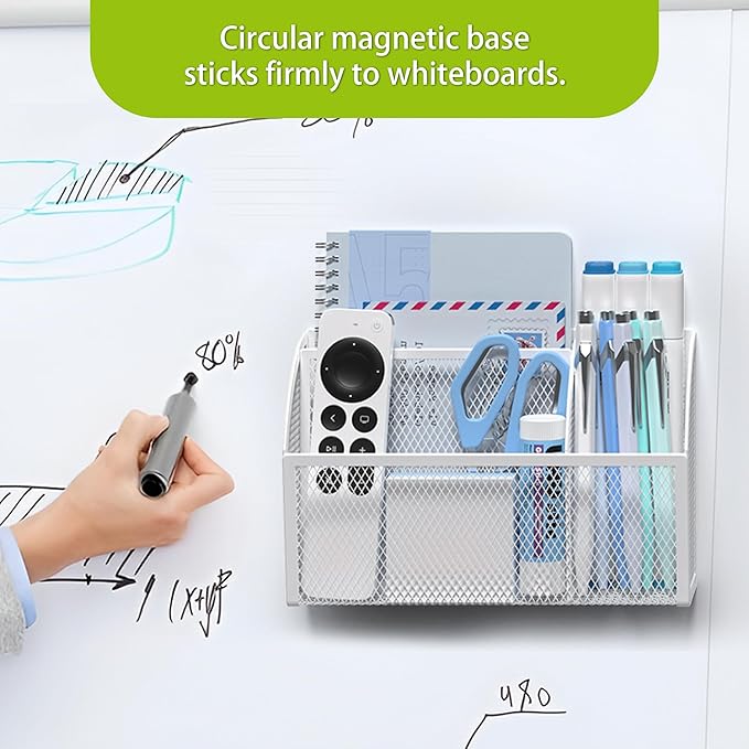 YINGHUA Strong Magnetic Pen Holder for Whiteboard and Refrigerator 3 Compartments Metal Mesh Organizer Space Saving Shelf for Office School Home and Locker - White