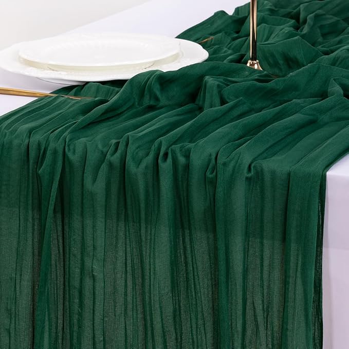 Socomi Emerald Green Cheesecloth Table Runner Summer Boho Rustic Gauze 120 inch 10FT Cheese Cloth Sheer Runner for Wedding Party Baby Shower Birthday Home Decor Holiday Decorations