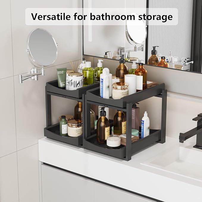 Wisuce Essentials Bamboo Under Sink Organizer Adjustable Height 2-Tier Bathroom Organizer Pull-Out Cabinet Storage Kitchen Heavy Duty Wood Slide Out Shelf for Kitchen Bathroom (Black, 2 Packs)