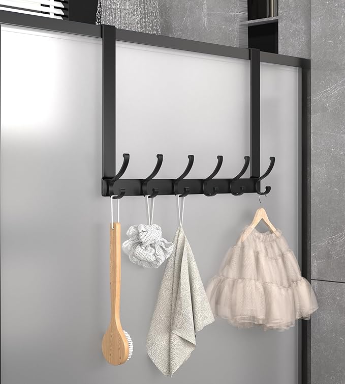 KitchLife Long Over The Door Hooks Hanger with 15.75 inches Extended Arms, Fits 1 3/4" Doors, F40U, 6 Double-Hanger Design Thickened Heavy Duty Bathroom Towel Rack Organization, Matte Black, 1 Pack