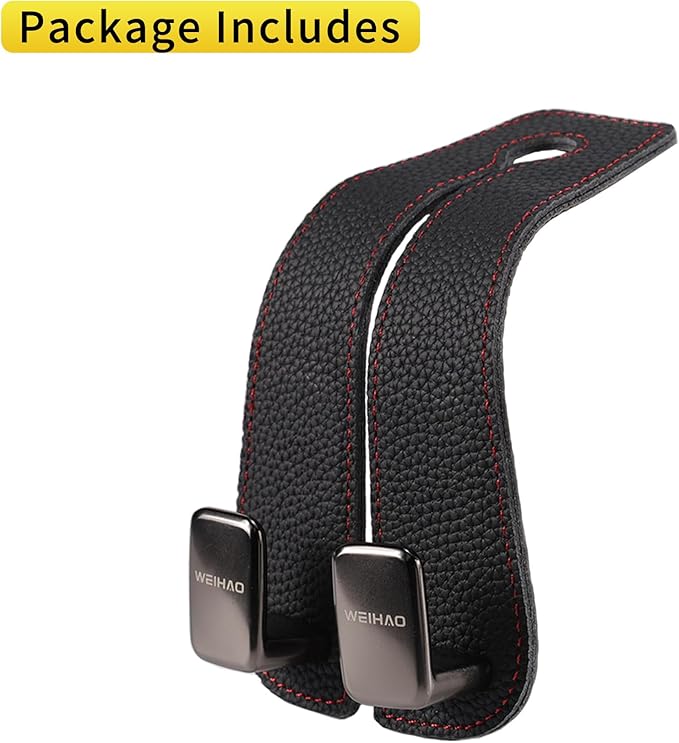 WEIHAO Car Purse Hook, Genuine Leather Car Seat Back Storage Hook, Purse Hook for Car Headrest, Twin Hook Leather Car Headrest Hangers, Bag Hook for Car, Trucks, SUVs, Most Vehicles (Black-1 PC)