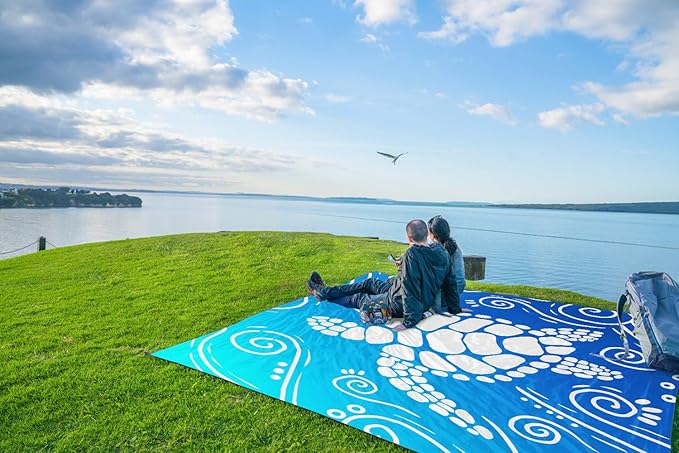 WEKAPO Beach Blanket Waterproof Sandproof Oversized Extra Large Sand Free Beach Mat with Stakes, Storage Bag - Essentials for Outdoor Beach, Picnic (Gradient Blue Sea Turtle, 11 X 9 FT (1~10 Person))