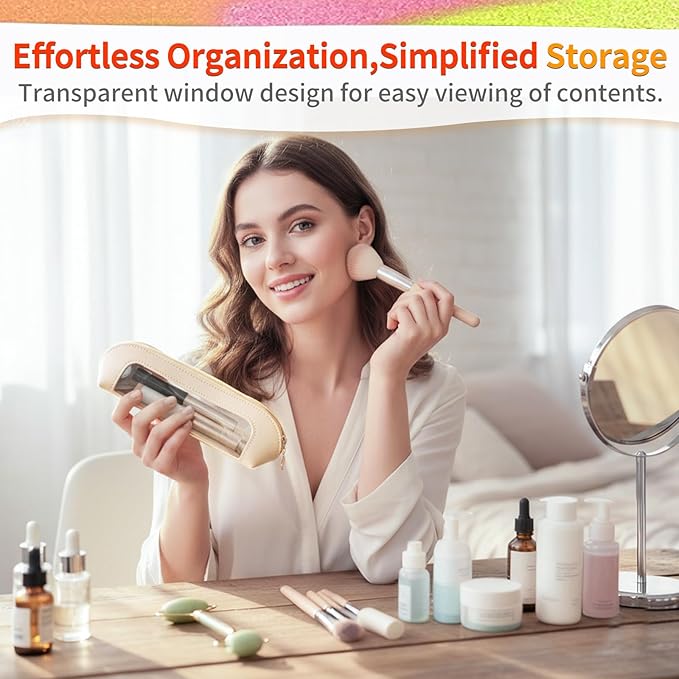 Small Double Sided Clear Makeup Bag - Waterproof Portable Makeup Brush Bag PU Leather Travel Makeup Brush Case Cosmetic Organizer Pouch with Zipper for Women Home Travel Office (White)