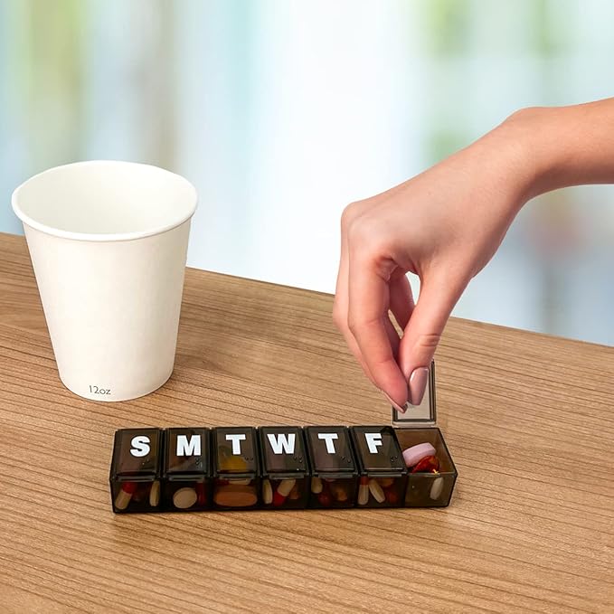 Amazon Basic Care Weekly (7-Day) Pill Organizer, Vitamin Planner, And Medicine Box, Medium Compartments, Black