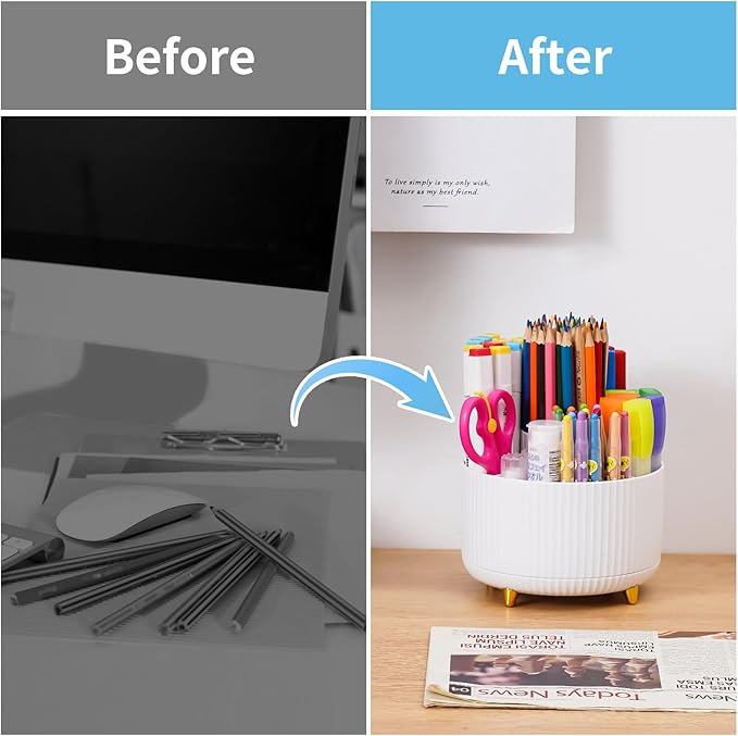 Marbrasse Desk Organizer, 360-Degree Rotating Pen Holder, Desk Organizers and Accessories with 5 Compartments Pencil Holder, Art Supply Storage Box Caddy for Office, Home(White)