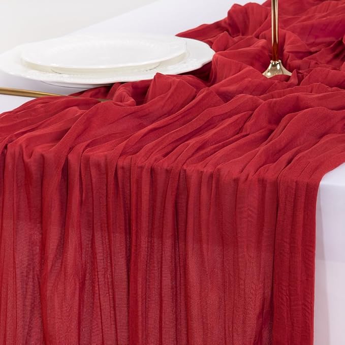 Socomi 3pcs Red Summer Cheesecloth Table Runner Boho Rustic Gauze 120 inch 10FT Cheese Cloth Sheer Runner for Wedding Party Baby Shower Birthday Home Decor Holiday Decorations