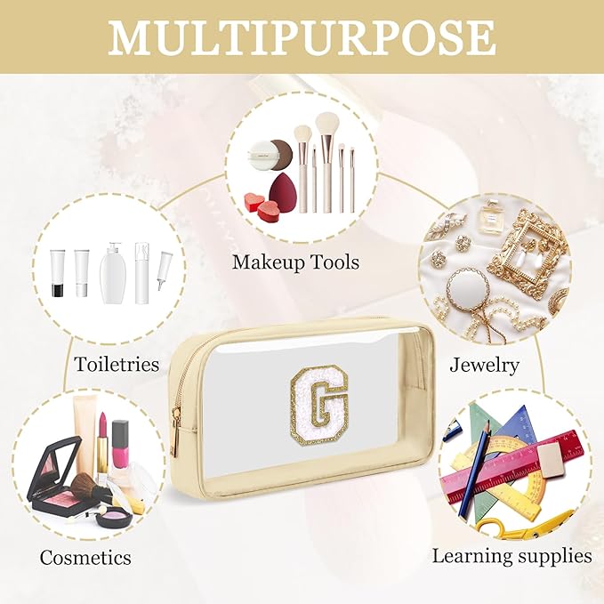 Small Clear Personalized Initial Makeup Bag,Nylon Preppy A-Z Chenille Letter Patch Cosmetic Pouch Beach Toiletry Bag,Waterproof Zipper Travel Purse Storage Bag Organizer for Women Girls(Beige-White G)