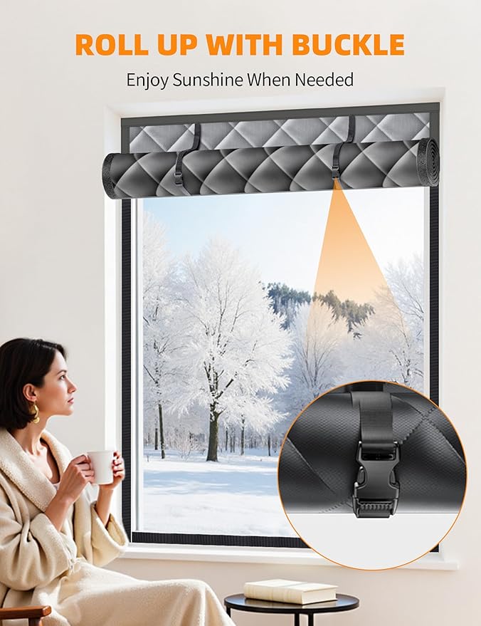 Window Insulation for Winter, 47″×63″ Thermal Window Cover (Fits 44″×60″ Windows ), Dual-Sided Winterizing Cold Blocker Curtain for Home & RV, Reusable Draft Stopper with Roll-Up Buckle