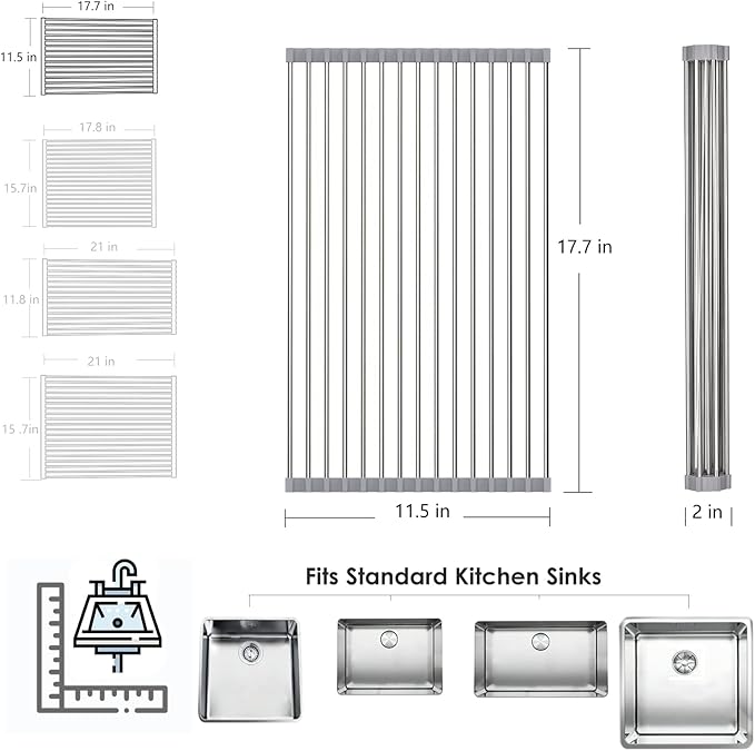 Tomorotec Roll Up Dish Drying Rack, Over The Sink Dish Drying Rack, Portable Stainless Steel Rolling Rack Multipurpose Kitchen Drainer Caddy Organizer Storage Shelf Holder, Gray