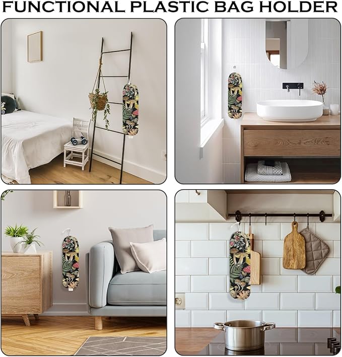 Mushroom Plastic Bag Holder for Kitchen Essentials, Wall Mount Grocery Bag Holder for Plastic Bags, Summer Leaves Reusable Shopping Bags Storage Dispenser for Home Kitchen, Mushroom Gifts for Women