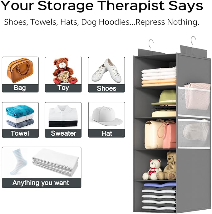 Deep Hanging Closet Organizers and Storage, Closet Hanging Storage Shelves with 5 Shelves and 4 Mesh Pockets, Heavy-Duty Closet Organizer for Clothes, Hats, and RVs and Dorm Essential,1-Pack, Grey