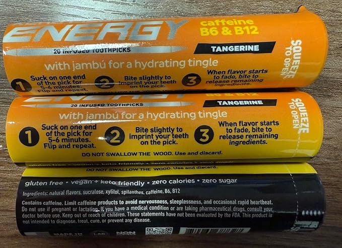 Xero Picks Energy Caffeine Flavored Toothpicks B12 for Focus & B6, 60 Picks (Pack of 3) (Tangerine) Sugar-Free Alternative to Energy Mints & Gum - Kosher